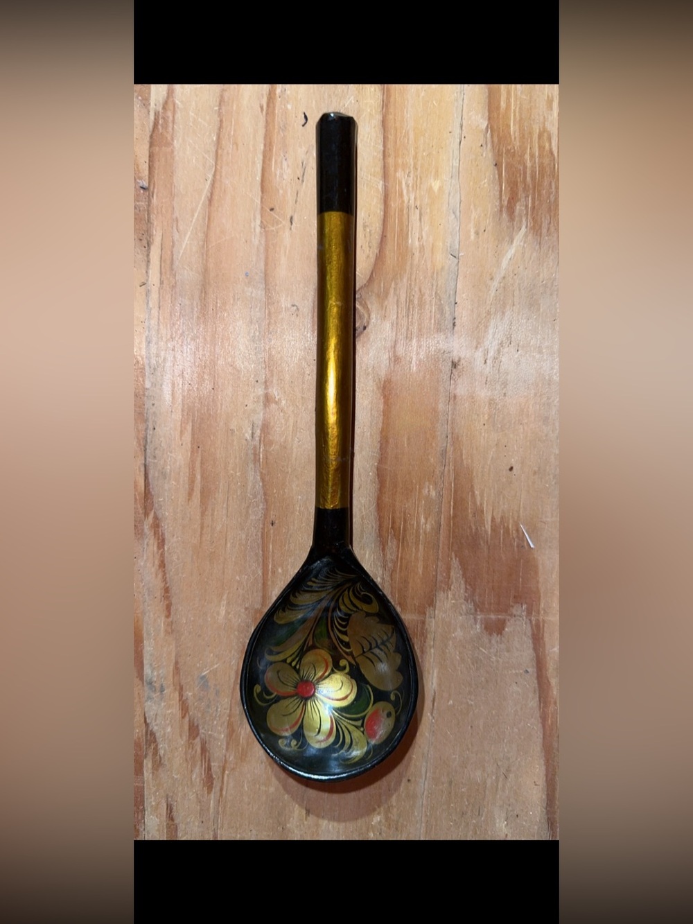 Hand-Painted Decorative Wooden Spoon – Gold and Black